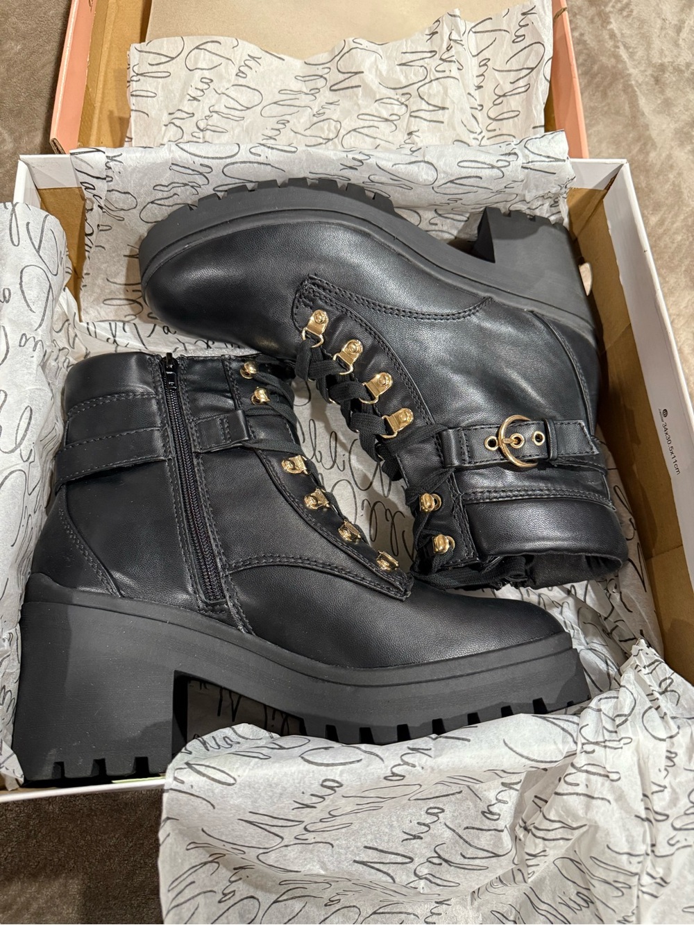 Wild Pair Black Combat Boots with Gold Hardware